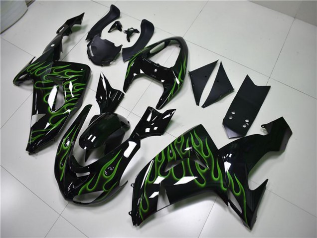 Mejores Carenados Moto Kawasaki ZX10R 2006-2007 - Negro Brillante Verde Llama