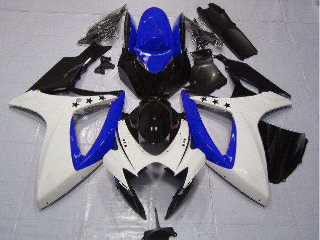 Mejores Carenados Moto Suzuki GSXR 600 / GSXR 750 2006-2007 - Blanco Azul Negro Brillante Estrella