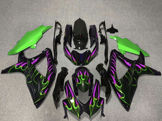 Mejores Carenados Moto Suzuki GSXR 600 / GSXR 750 2008-2010 - Negro Brillante Verde Púrpura Llama