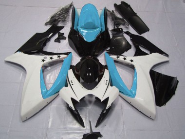 Mejores Carenados Moto Suzuki GSXR 600 / GSXR 750 2006-2007 - Azul Claro Blanco Negro Brillante Estrella