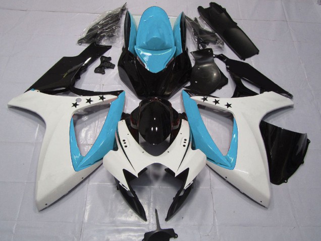 Mejores Carenados Moto Suzuki GSXR 600 / GSXR 750 2006-2007 - Azul Claro Blanco Negro Brillante Estrella