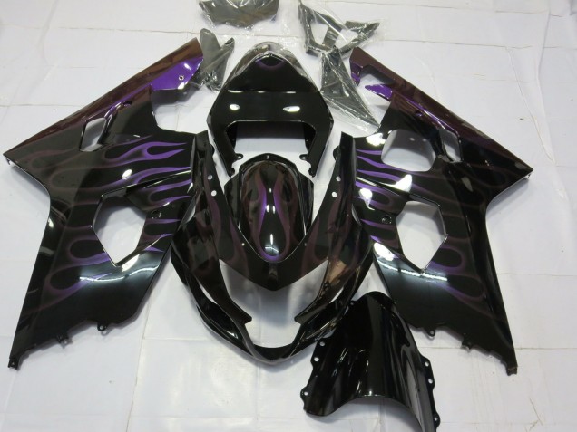 Mejores Carenados Moto Suzuki GSXR 600 / GSXR 750 2004-2005 - Negro Brillante Púrpura Llama