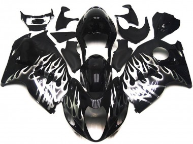 Mejores Carenados Moto Suzuki GSXR 1300 1996-2007 - Negro Brillante Plata Llama