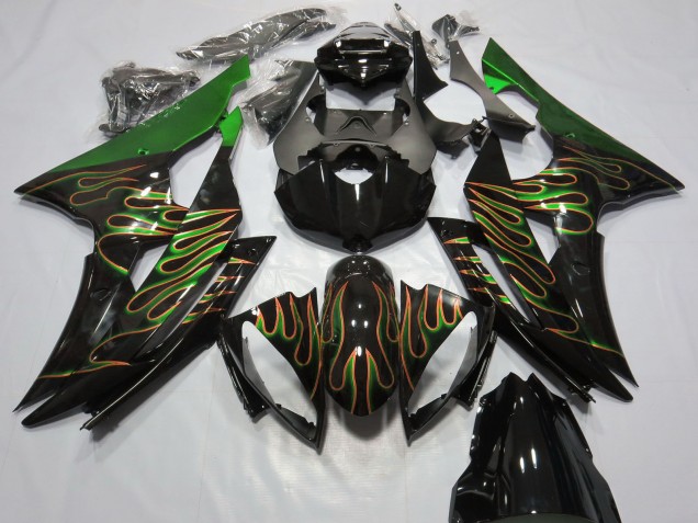 Mejores Carenados Moto Yamaha R6 2008-2016 - Verde Negro Brillante Oro Llama