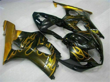Mejores Carenados Moto Suzuki GSXR 1000 2003-2004 - Negro Brillante Oro Llama