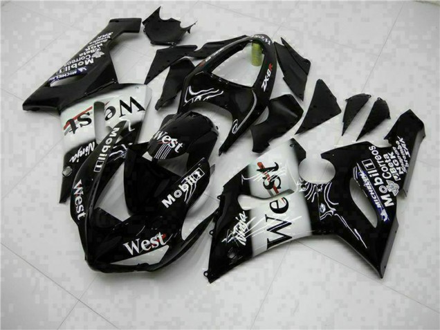 Mejores Carenados Moto Kawasaki ZX6R 2005-2006 - Negro Brillante Blanco West
