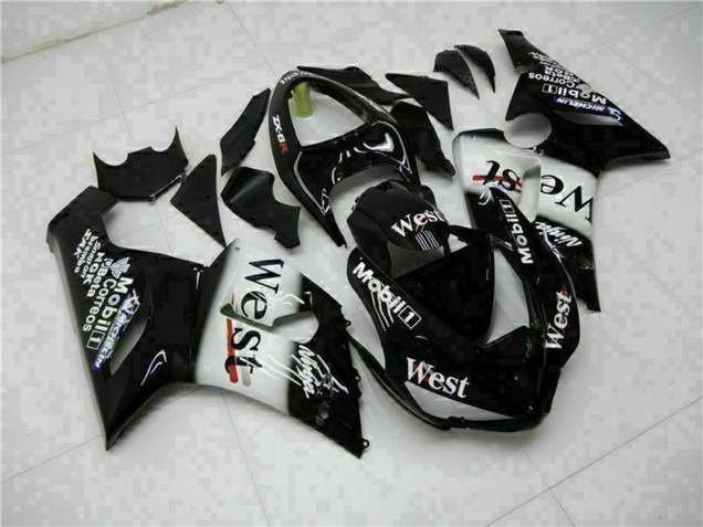 Mejores Carenados Moto Kawasaki ZX6R 2005-2006 - Negro Brillante Blanco West