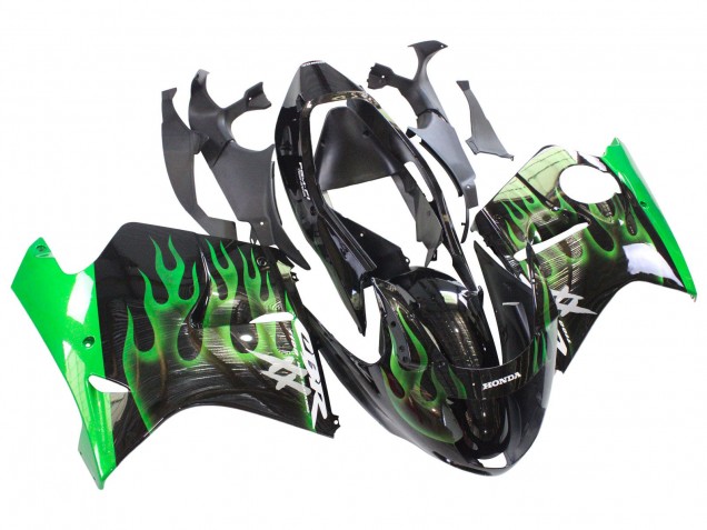 Mejores Carenado Moto Honda CBR1100XX Blackbird 1996-2007 - Negro Brillante Verde Llama