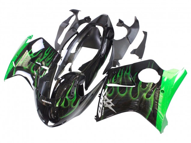 Mejores Carenado Moto Honda CBR1100XX Blackbird 1996-2007 - Negro Brillante Verde Llama