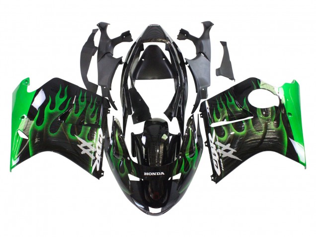 Mejores Carenado Moto Honda CBR1100XX Blackbird 1996-2007 - Negro Brillante Verde Llama