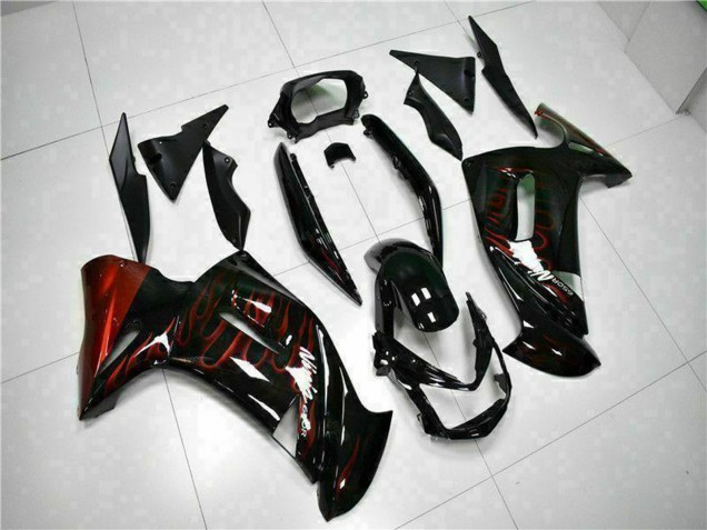 Mejores Carenados Moto Kawasaki EX650 2006-2008 - Negro Brillante Rojo Llama