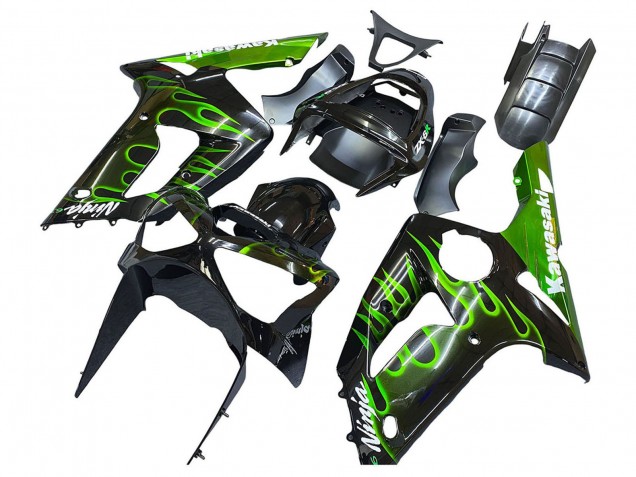 Mejores Carenados Moto Kawasaki ZX6R 2003-2004 - Negro Brillante Verde Llama