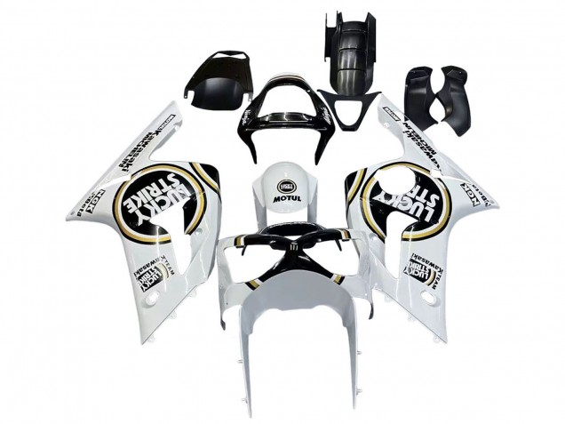 Mejores Carenados Moto Kawasaki ZX6R 2003-2004 - Blanco Negro Motul Lucky Strike