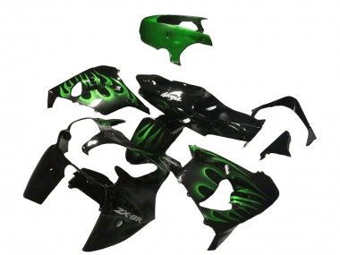 Mejores Carenados Moto Kawasaki ZX9R 2000-2001 - Negro Brillante Verde Llama