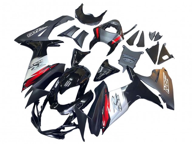 Mejores Carenados Moto Suzuki GSXR 600 / GSXR 750 2011-2024 - Negro Brillante Falsificado FibraCarbono Plata Rojo