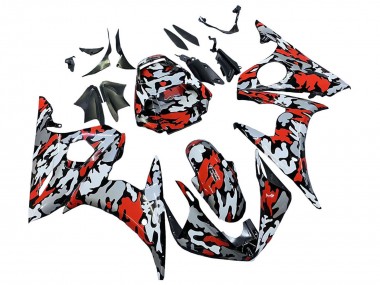 Mejores Carenados Moto Yamaha YZF R6 2003-2004 - Negro Rojo Gris Camouflage