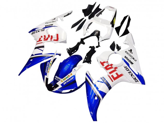 Mejores Carenados Moto Yamaha YZF 600 R6 2005 - Blanco Azul Dunlop Fiat Motul