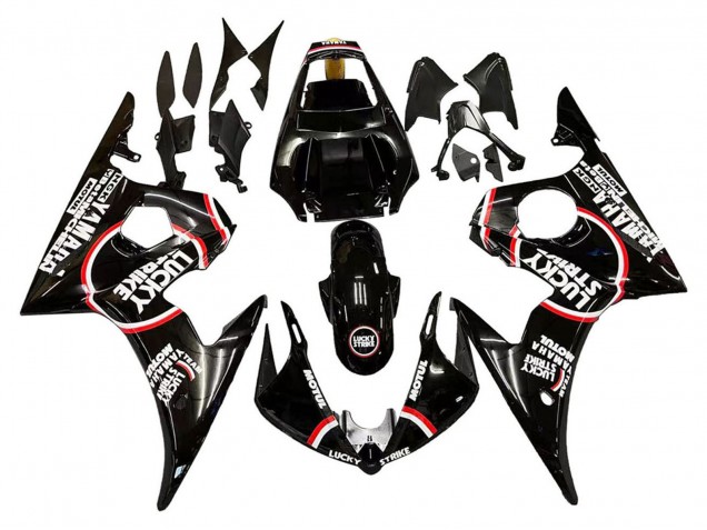 Mejores Carenados Moto Yamaha YZF 600 R6 2005 - Negro Brillante Blanco Lucky Strike Motul
