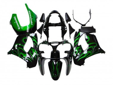 Mejores Carenados Moto Kawasaki ZX9R 2002-2003 - Negro Blanco Verde Llama