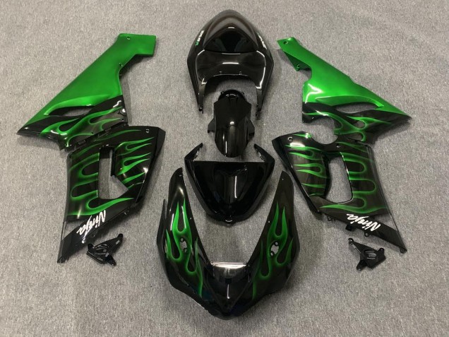 Mejores Carenados Moto Kawasaki ZX6R 2005-2006 - Negro Brillante Verde Llama