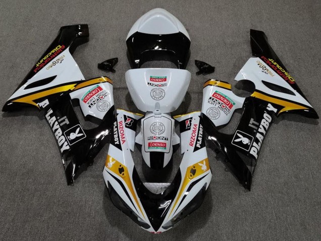 Mejores Carenados Moto Kawasaki ZX6R 2005-2006 - Blanco Negro Oro Rojo Rizoma Playboy