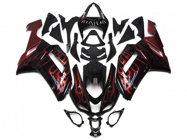 Mejores Carenados Moto Kawasaki ZX6R 2007-2008 - Negro Blanco Rojo Llama