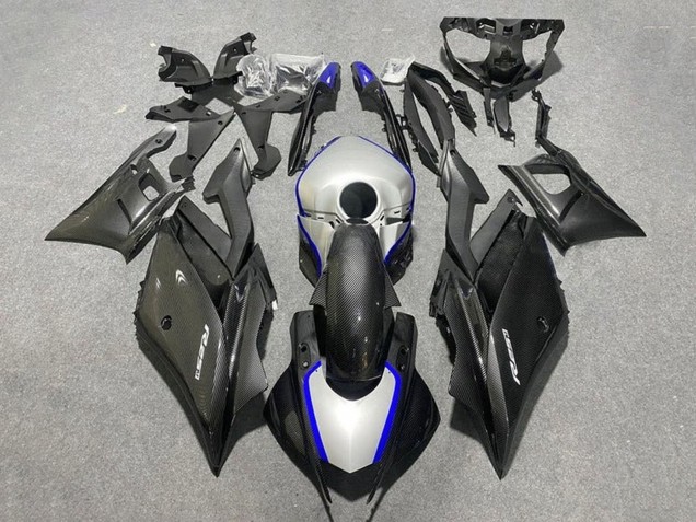 Mejores Carenados Moto Yamaha YZF R3/R25 2019-2021 - Negro FibraCarbono Estilo Plata Azul