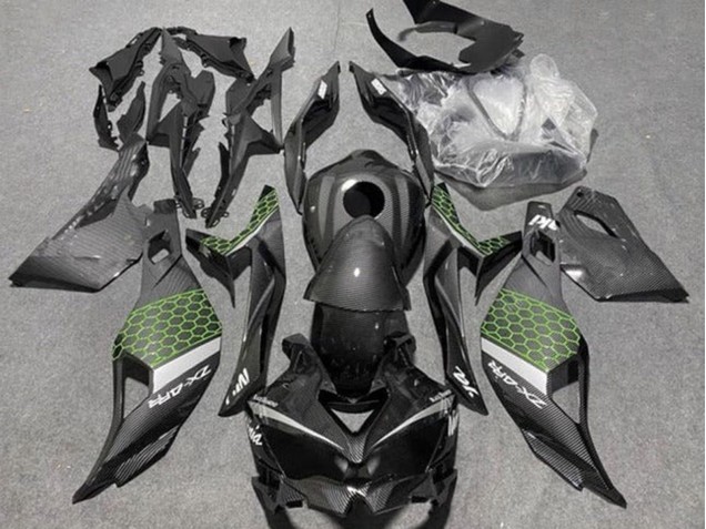 Mejores Carenados Moto Kawasaki ZX4R ZX-4RR 2019-2025 - Falso FibraCarbono Verde Gris