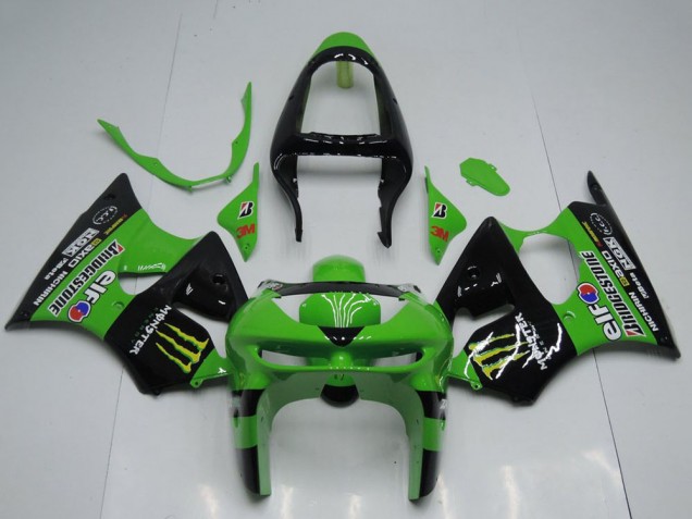 Mejores Carenados Moto Kawasaki ZX6R 1998-1999 - Verde Negro Brillante Amarillo Elf Bridgestone Monstruo