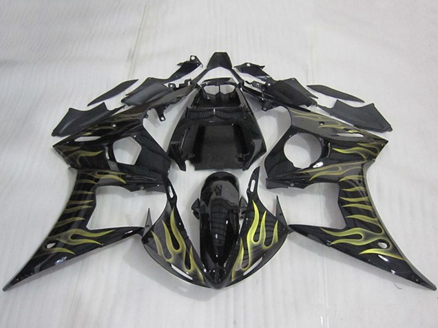 Mejores Carenados Moto Yamaha YZF R6 2003-2004 - Negro Brillante Oro Llama