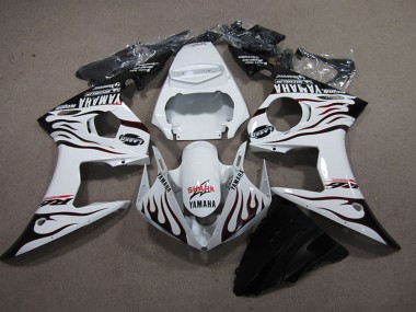 Mejores Carenados Moto Yamaha YZF R6 2003-2004 - Blanco Negro Brillante Llama Tiburón