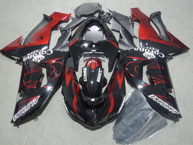 Mejores Carenados Moto Kawasaki ZX10R 2006-2007 - Negro Brillante Rojo Llama Alstare Corona Extra