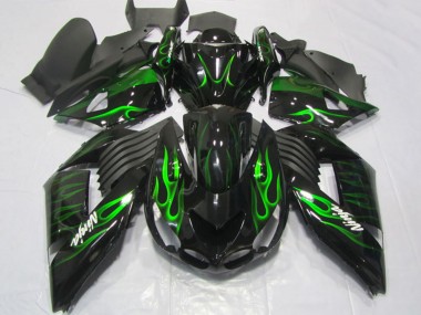 Mejores Carenados Moto Kawasaki ZX14R ZZR1400 2006-2011 - Negro Brillante Verde Llama