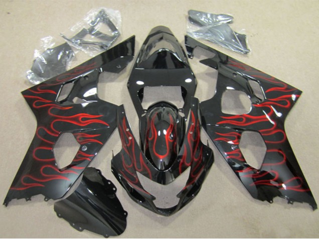 Mejores Carenados Moto Suzuki GSXR 600 2004-2005 - Negro Brillante Rojo Llama