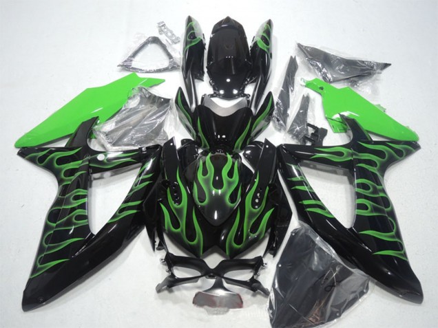 Mejores Carenados Moto Suzuki GSXR 600 2008-2010 - Negro Brillante Verde Llama