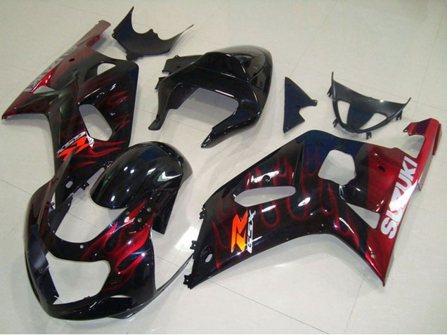 Mejores Carenados Moto Suzuki GSXR 750 2001-2003 - Negro Brillante Rojo Llama